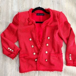 ZARA Red Tweed Jacket with Gold Buttons Size S